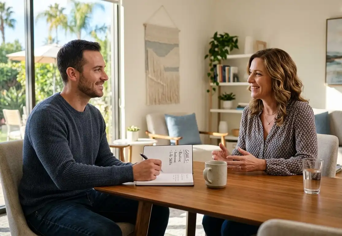 Adult man discussing life skills and recovery goals with a counselor at an addiction treatment center
