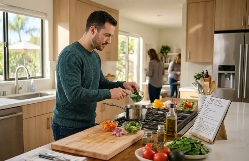 Adult man in addiction recovery practicing independent living skills by preparing a healthy meal in a residential recovery center