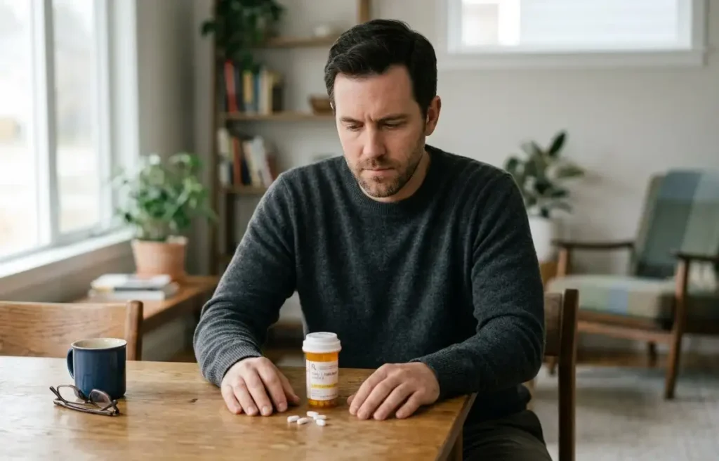 Adult man looking at a prescription medication bottle in the table while reflecting on prescription drug abuse