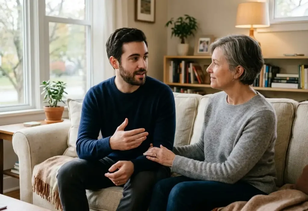 Family members having a respectful conversation about setting healthy boundaries during addiction recovery