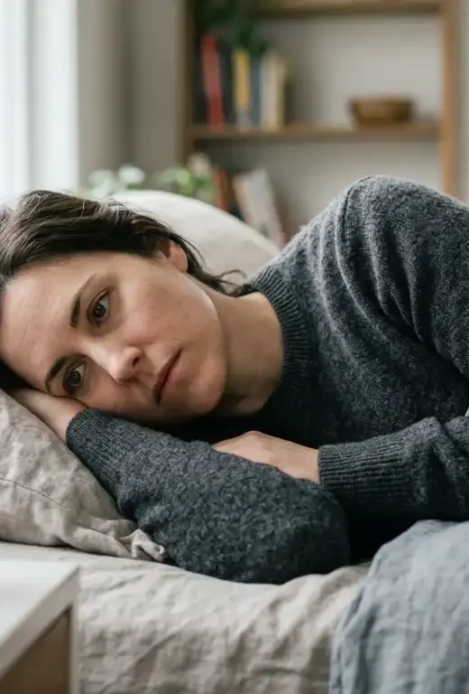 Female lying in bed, looking at the prescription medication on the bedside table