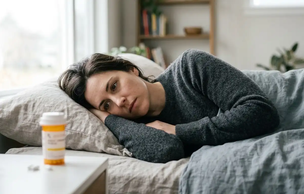Female lying in bed, looking at the prescription medication on the bedside table