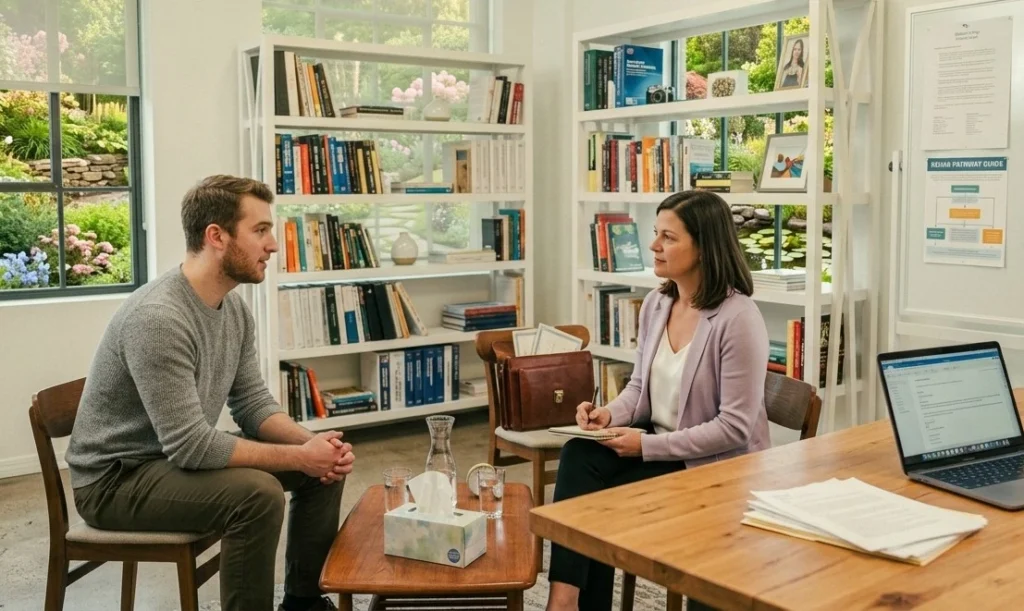 Male client during one on one counseling with female psychologist