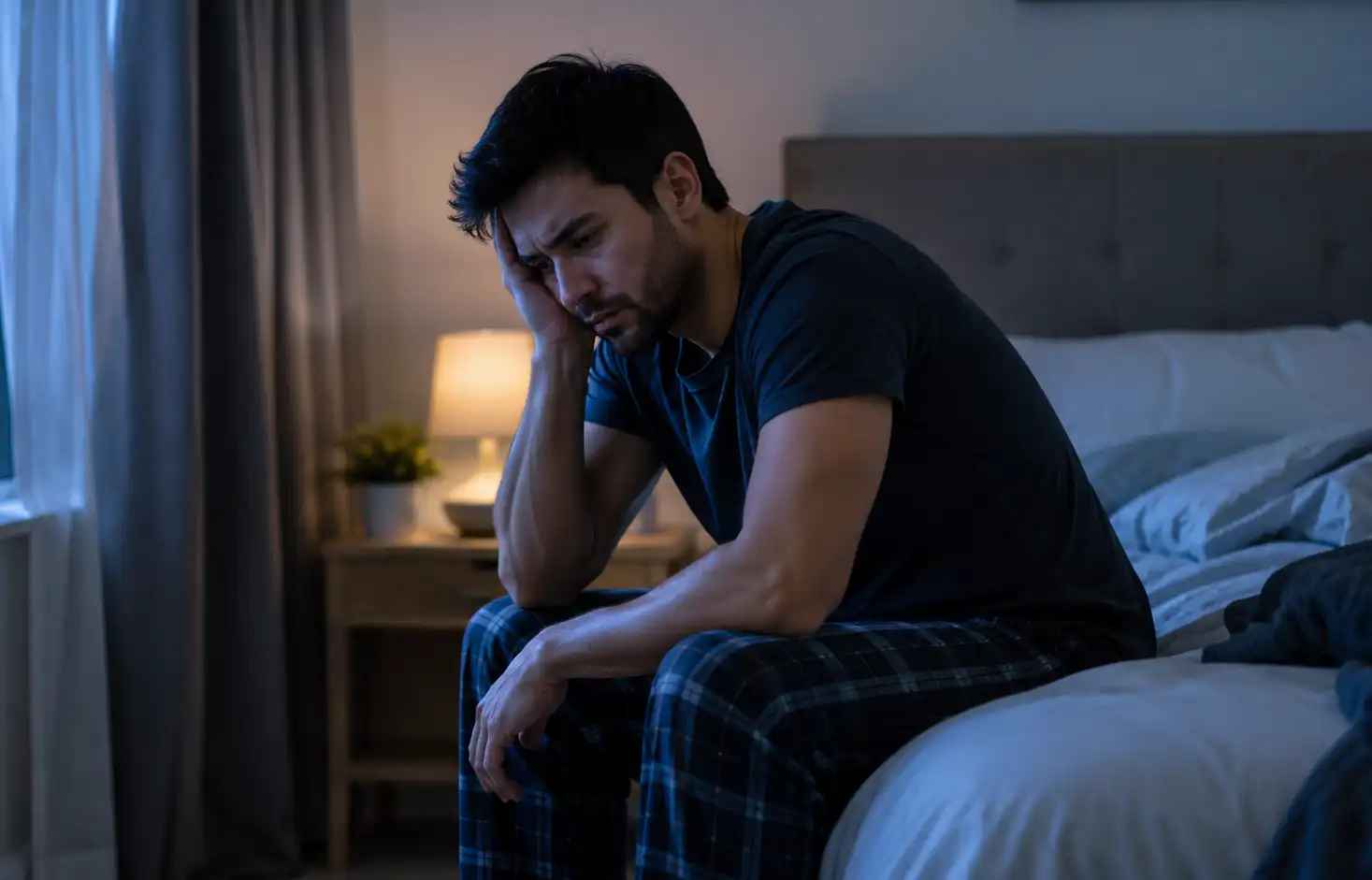 Man experiencing sleep difficulties during alcohol recovery, sitting awake on the edge of his bed at night