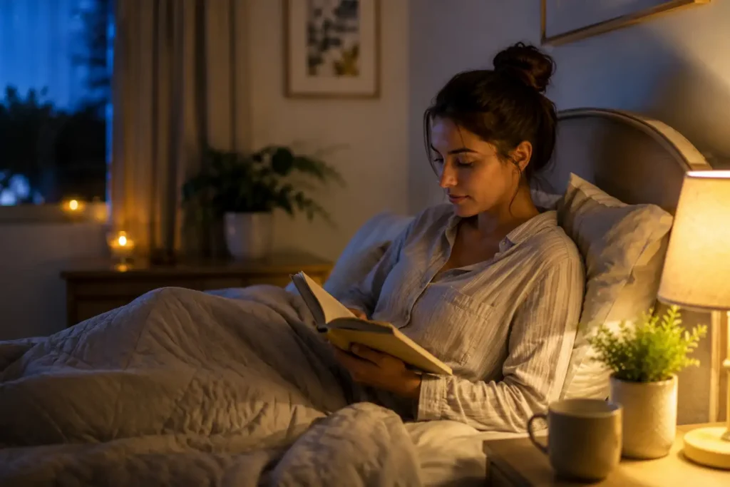 Woman at Cozy Nighttime Bedroom Reading