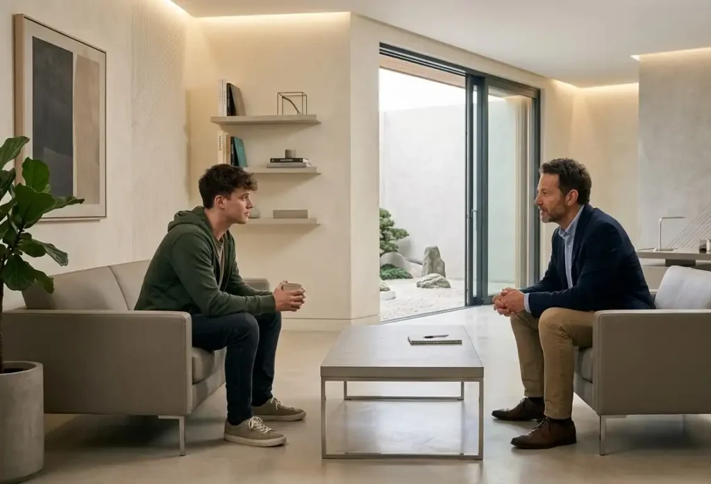 Young man having a supportive, one-on-one therapy session with a male counselor in a modern minimalist office.