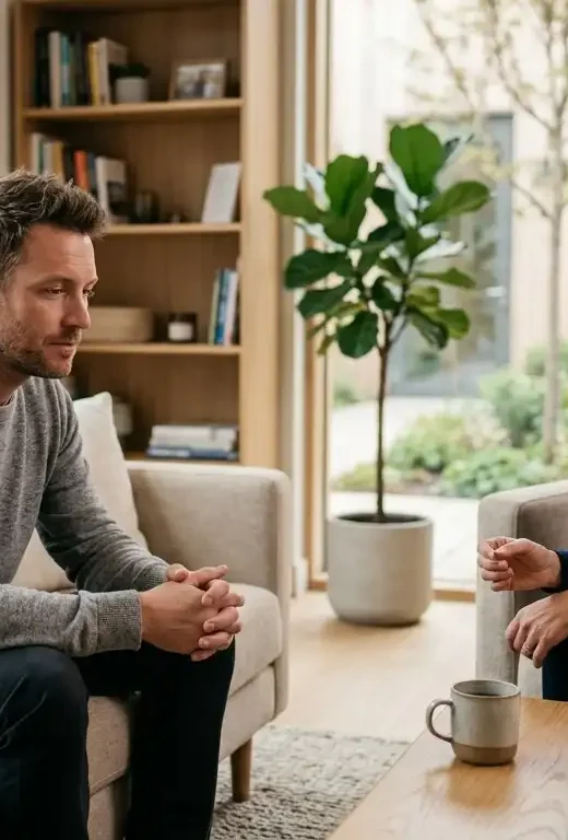 Adult man speaking with an addiction counselor about fentanyl addiction treatment and recovery