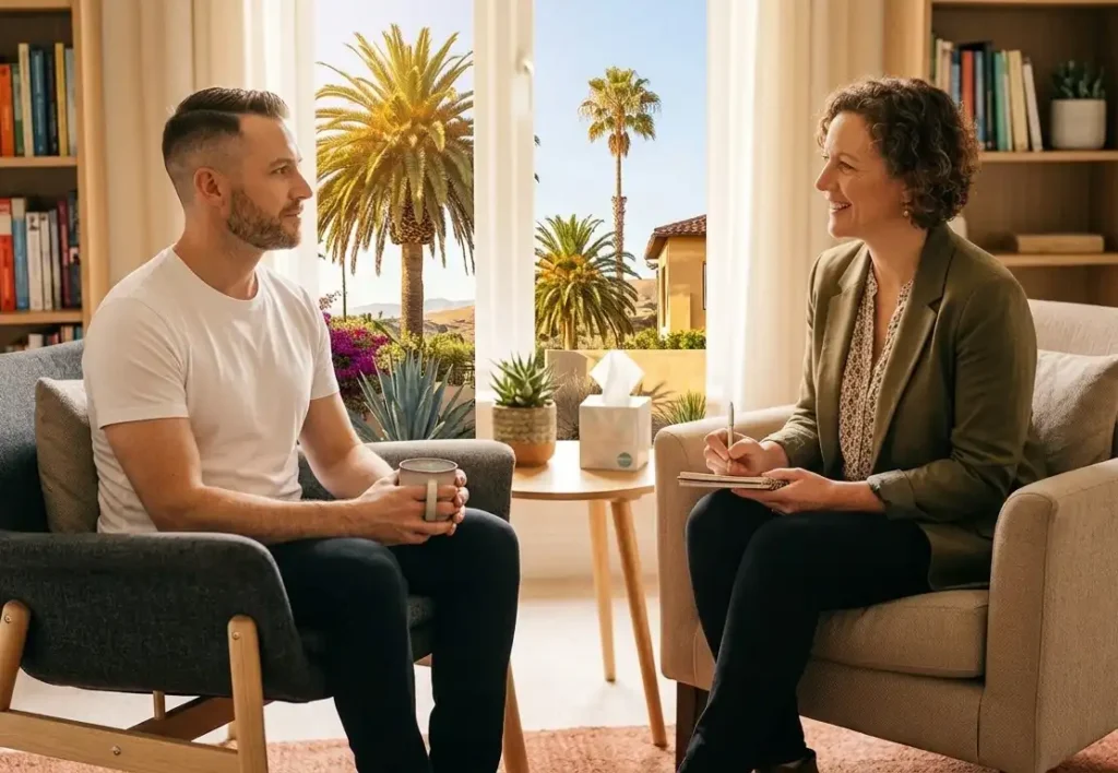male client during one on one counseling in drug rehab in california