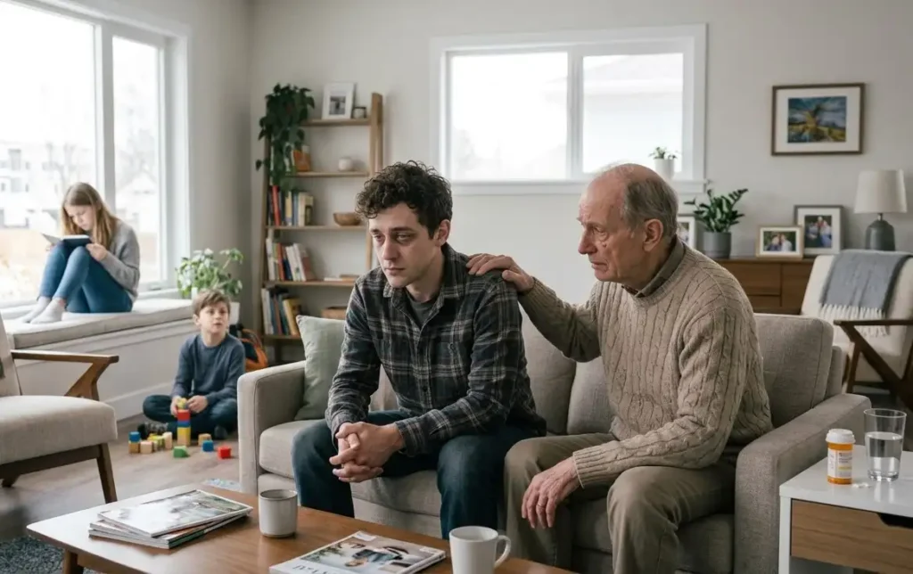 man with prescription drugs addiction affecting his family