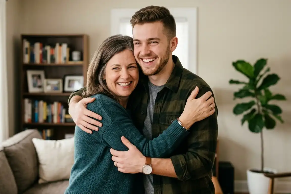 mother and son hugging each other smiling